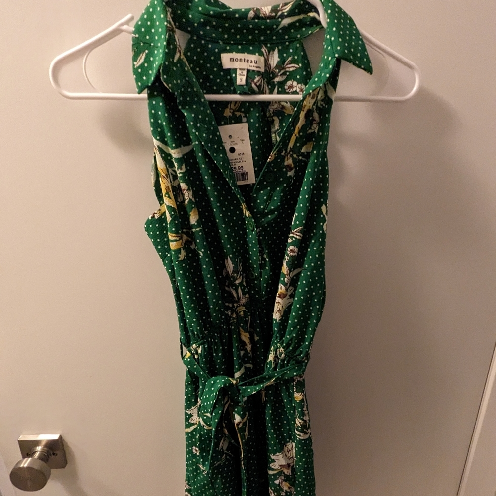 Monteau green dress with white and yellow flowers - size S